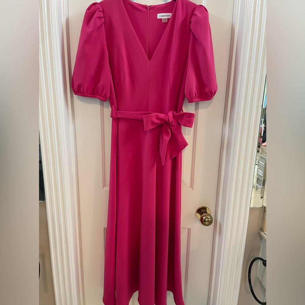 Calvin Klein Fuchsia Puff-Sleeve V-Neck Dress with Waist Tie